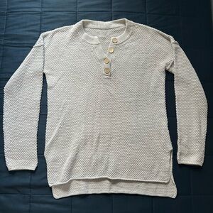 Womens Medium Light Gray Waffle Knit Henley Sweater
